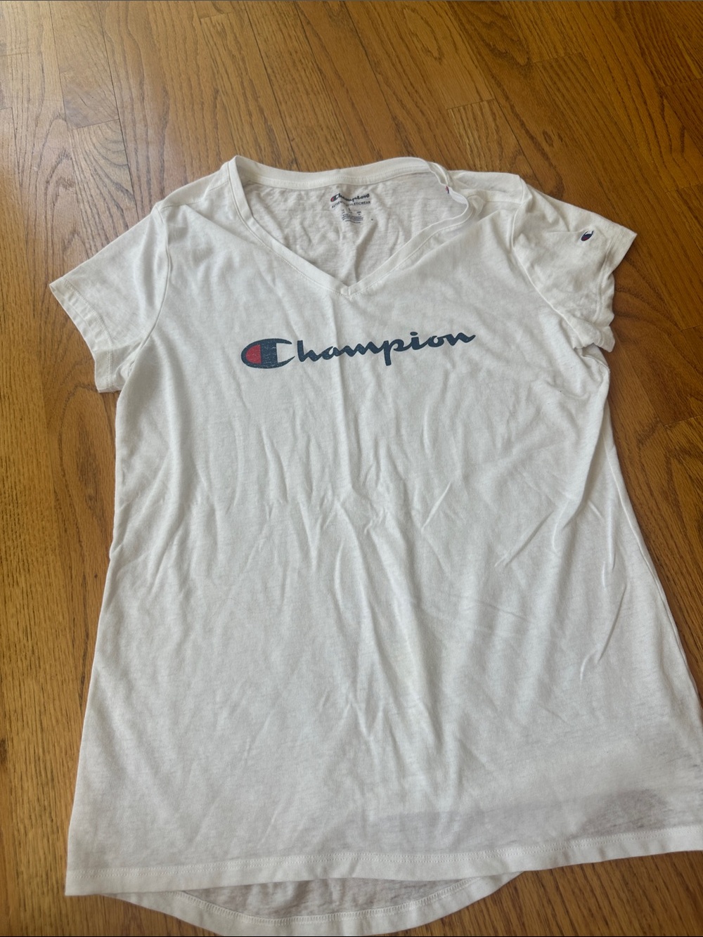 Champion White V-Neck Logo Tee with Navy & Red Accent